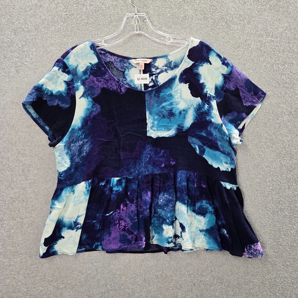 Juicy Couture Women Top XL Blue Tie Dye Babydall Blouse Short Sleeve